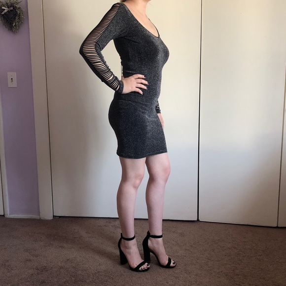 bebe Dresses & Skirts - GUESS silver black dress / cuts on back / sleeve